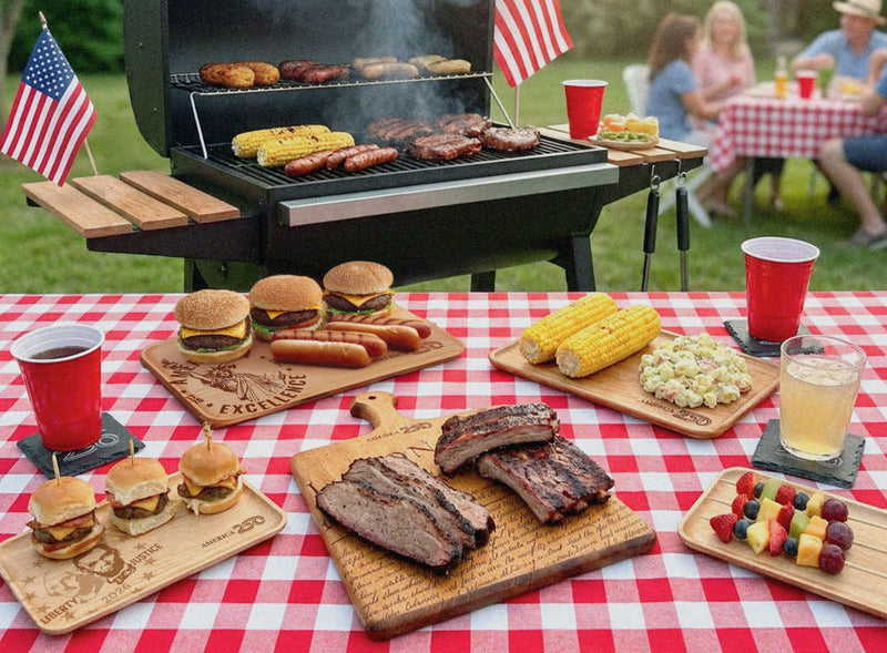 BBQ with America 250 wooden serving boards with hamburgers, ribs, and corn on the cob.