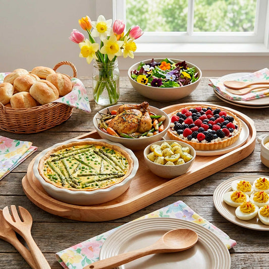 Maple oval serving tray with a quiche and a fruit tart on spring tablescape.
