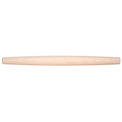 A tapered wooden rolling pin on a white background.