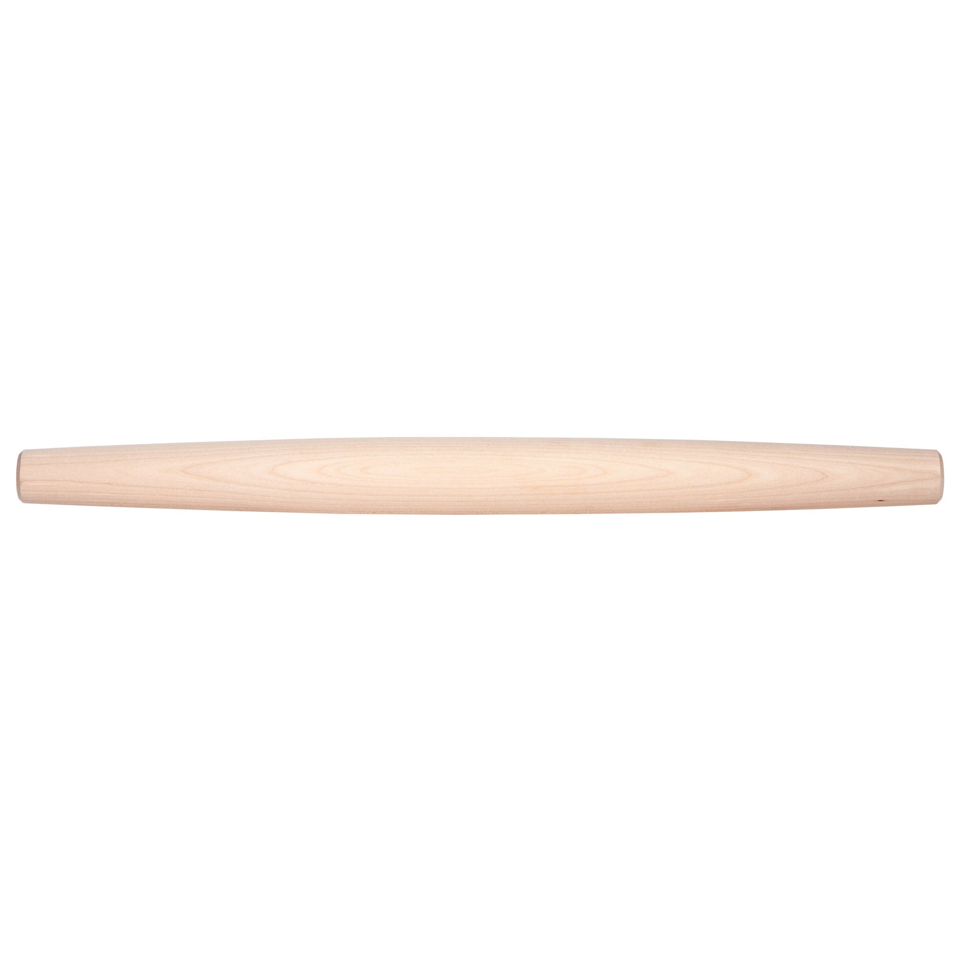 A tapered wooden rolling pin on a white background.
