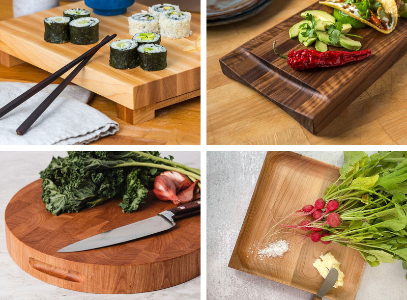 A grid of 4 pictures. 1-A maple chopping block with feet and sushi on top. 2. Walnut rectangle board with tacos . 3. Cherry end grain round board with a knife and kale. 4. A maple square plate with radishes, butter and salt.
