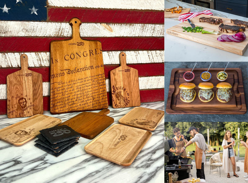 Collection of wooden cutting boards with engraved text and designs, displayed against a marble countertop.