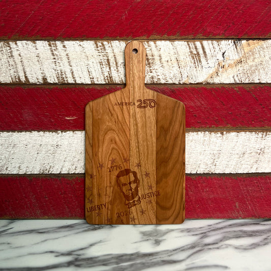 Cherry Cheese board with two presidents against a red and white background