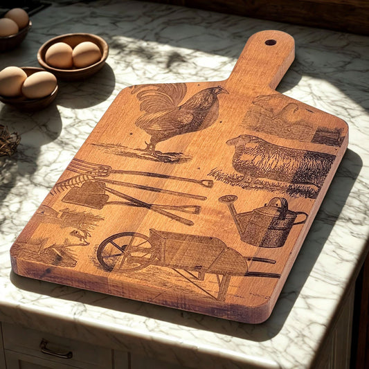 Artisan Maple Rectangle Handled Serving Board - Vintage Farm Collage