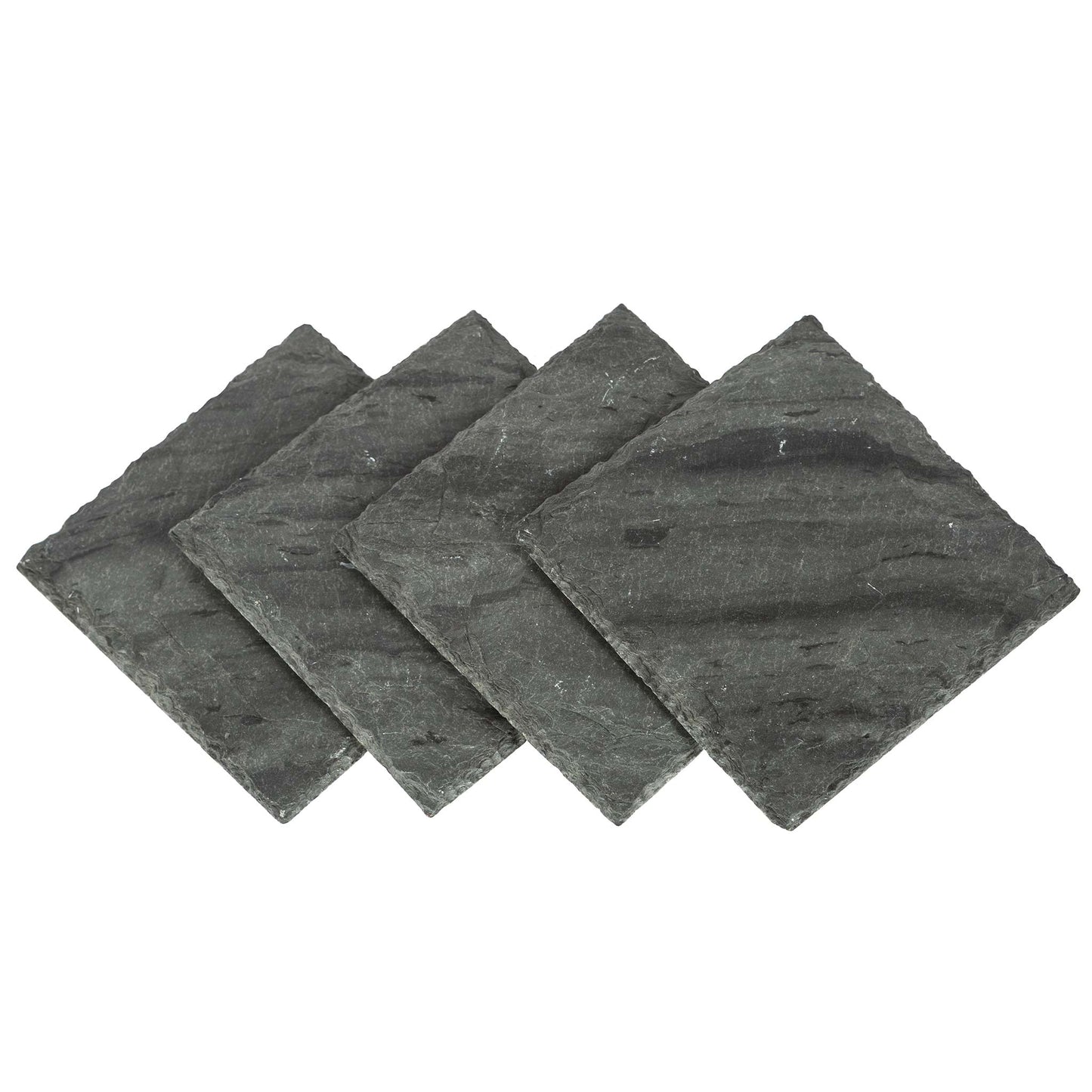 Set of four dark gray stone coasters on a white background