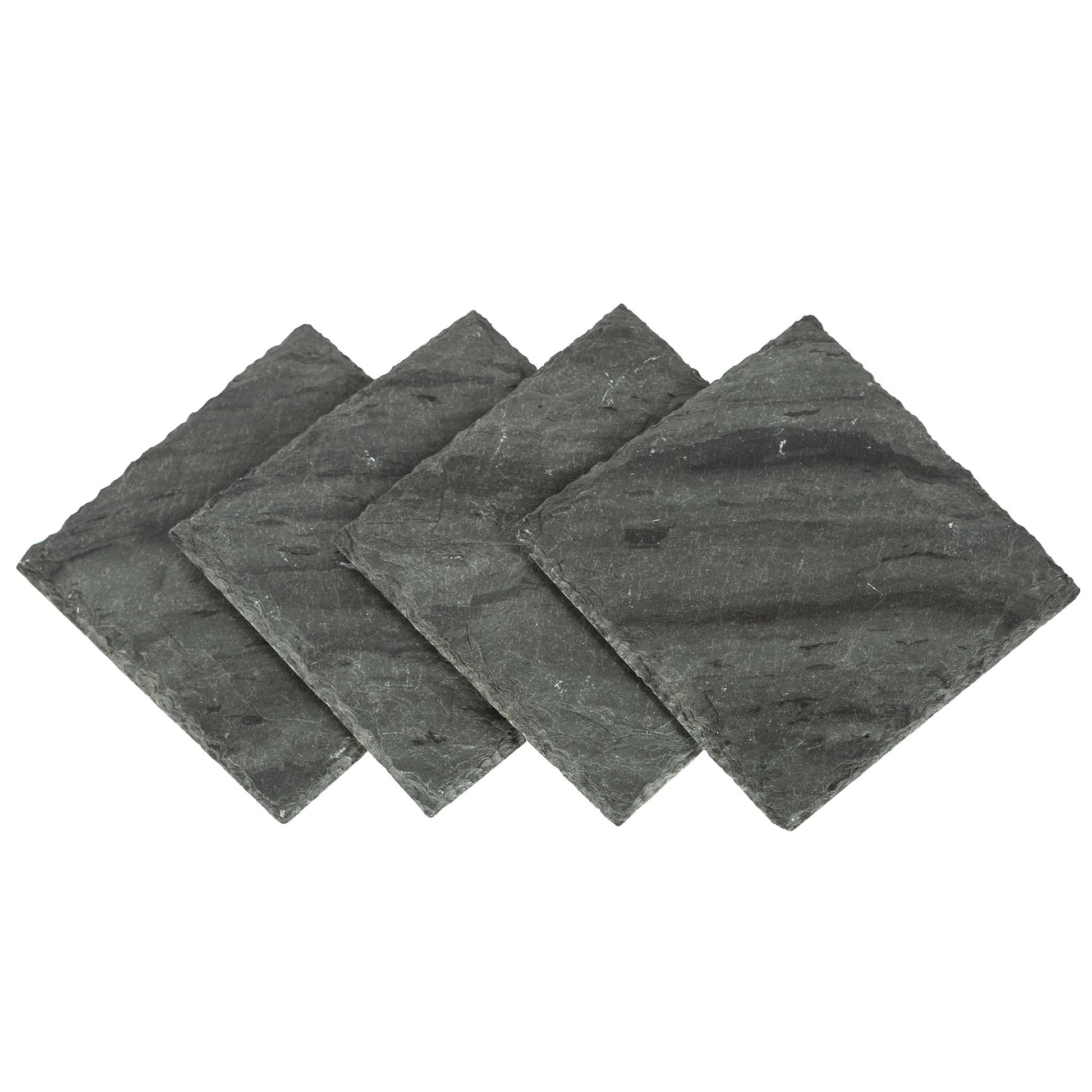 Set of four dark gray stone coasters on a white background