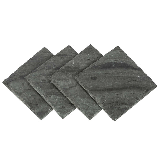 Set of four dark gray stone coasters on a white background