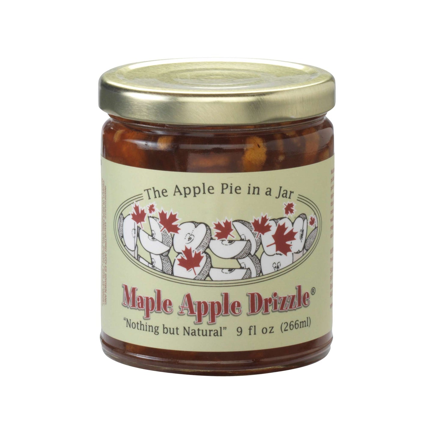Jar of Maple Apple Drizzle with a decorative label on a white background