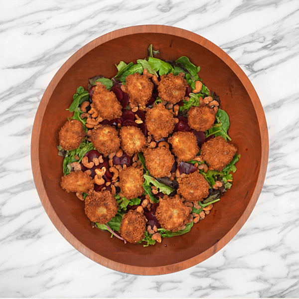 Breaded Goat Cheese and Beets Salad served in our cherry hardwood salad bowl. 