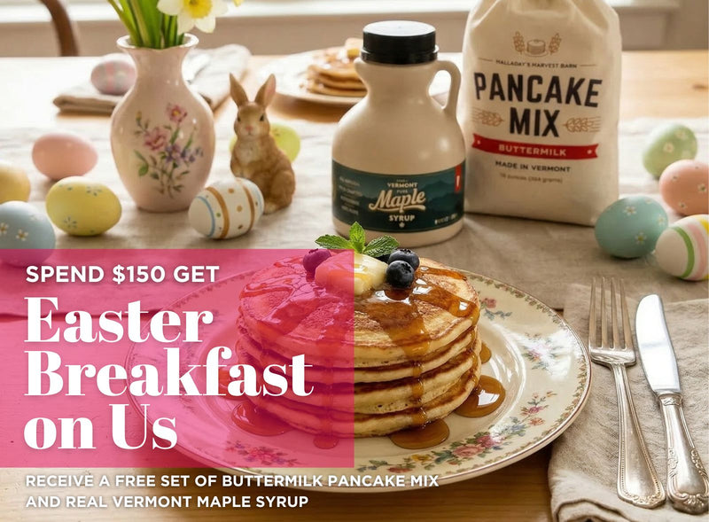 Easter Breakfast tablescape with promotion Spend $150 Get Easter Breakfast on Us.  Receive a free set of buttermilk pancake mix and real Vermont Maple Syrup. 