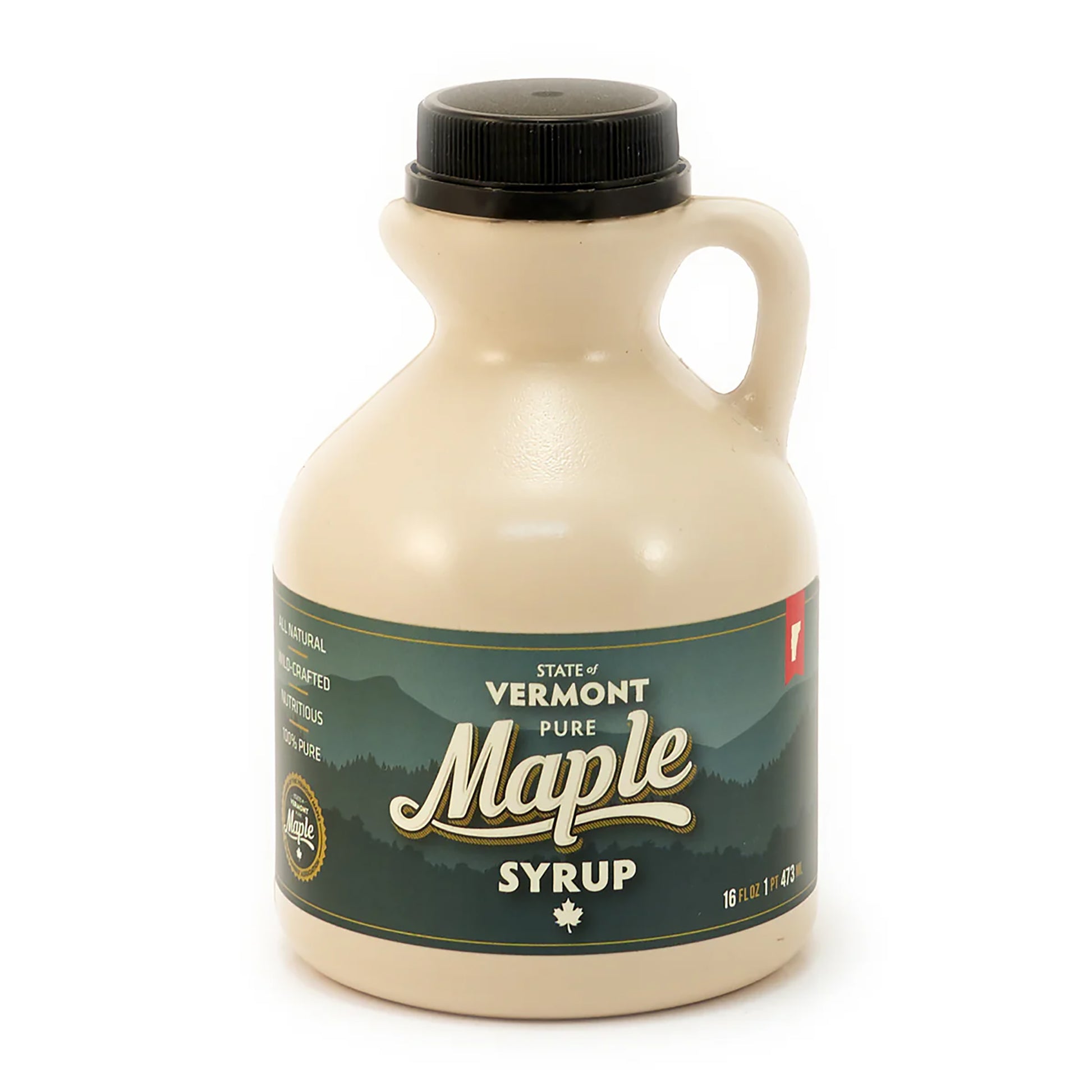 Plastic jug of a pint of Vermont Maple Syrup.

