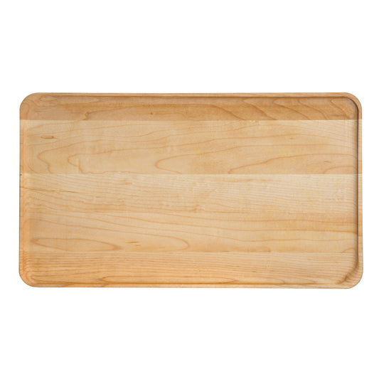 A rectangular wooden cutting board with rounded edges and a smooth surface, featuring natural wood grain patterns. The board rests on a plain white background.
