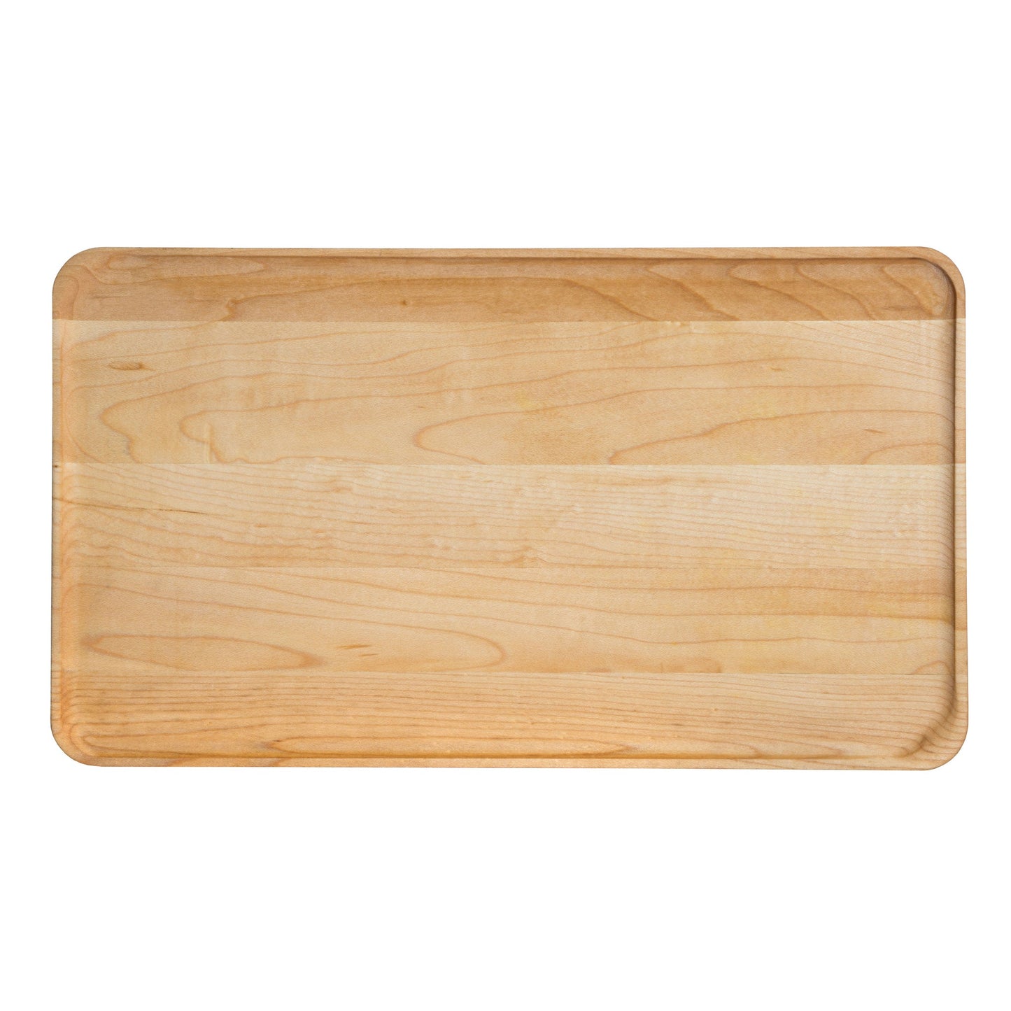 A rectangular wooden cutting board with rounded edges and a smooth surface, featuring natural wood grain patterns. The board rests on a plain white background.
