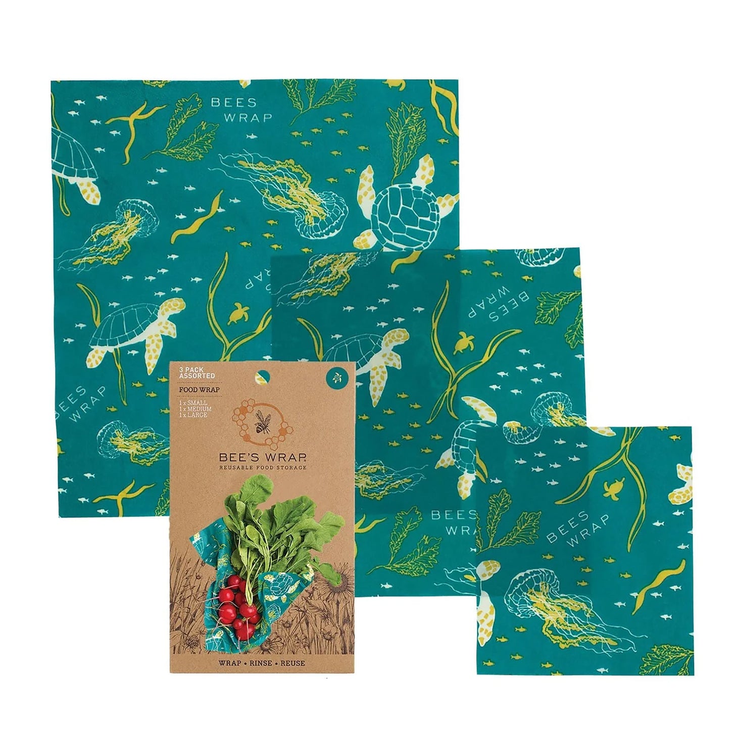 Three teal beeswax wraps with sea-themed design and a package of Bee's Wrap on a white background.