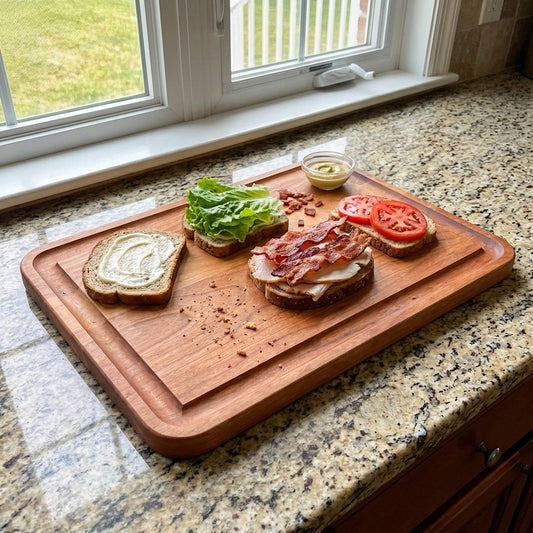 Wooden cutting board with sandwich ingredients on a kitchen counter