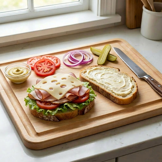 Sandwich assembly on a wooden cutting board with bread, cheese, ham, lettuce, tomatoes, onions, and pickles.