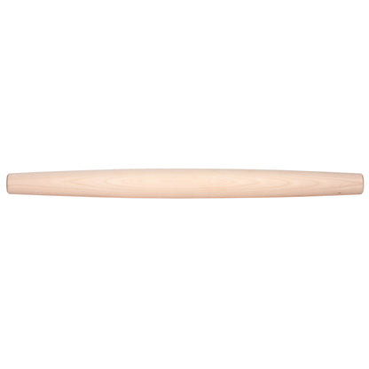 A tapered wooden rolling pin on a white background.