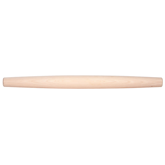 A tapered wooden rolling pin on a white background.