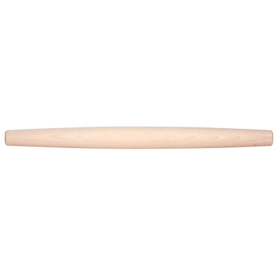 A tapered wooden rolling pin on a white background.