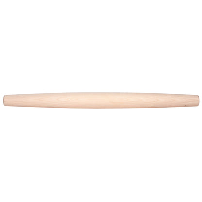 A tapered wooden rolling pin on a white background.