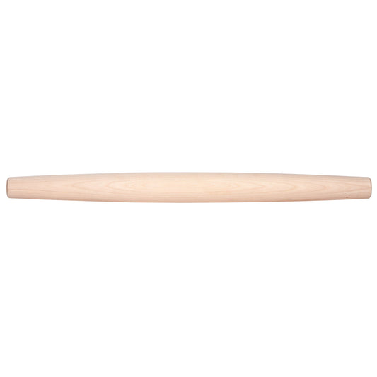 A tapered wooden rolling pin on a white background.