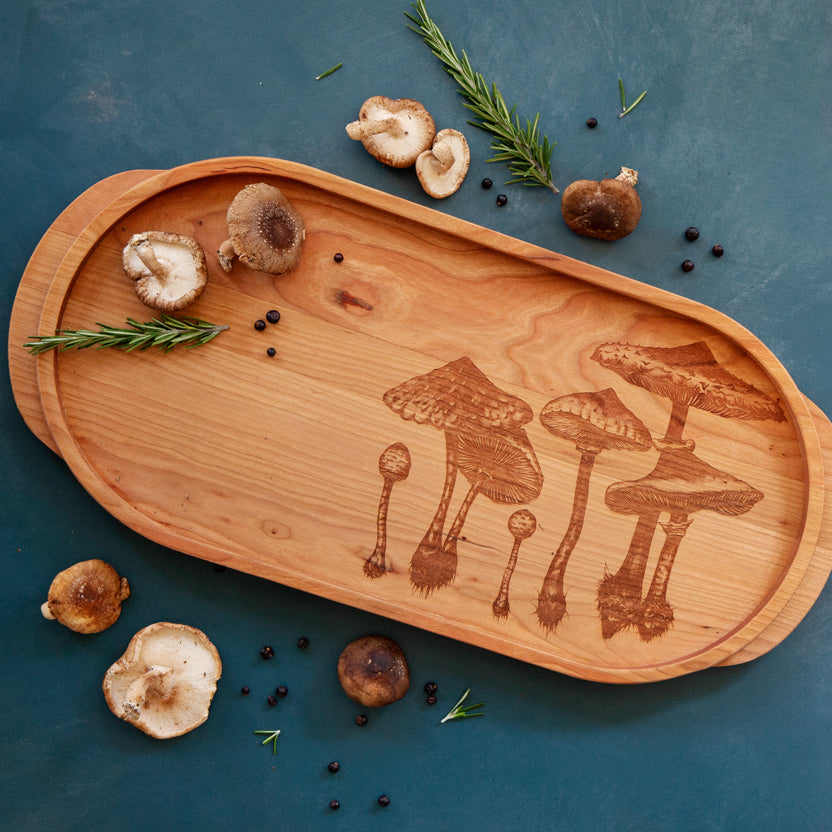 JK Adams Laura Zindel Cherry Oval Serving Tray with mushrooms. 