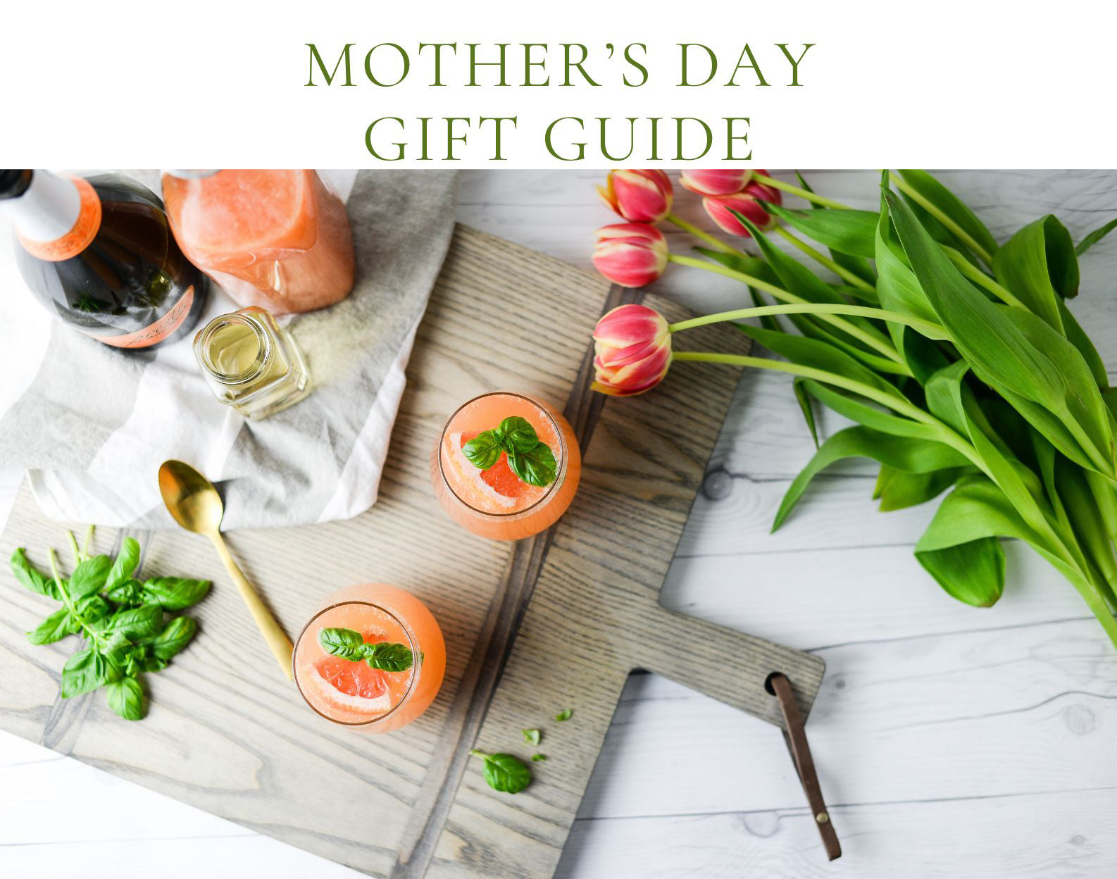 JK Adams Mother's Day Gift Guide 1761 Driftwood Square Charcuterie Board with grapefruit mimosas and tulips