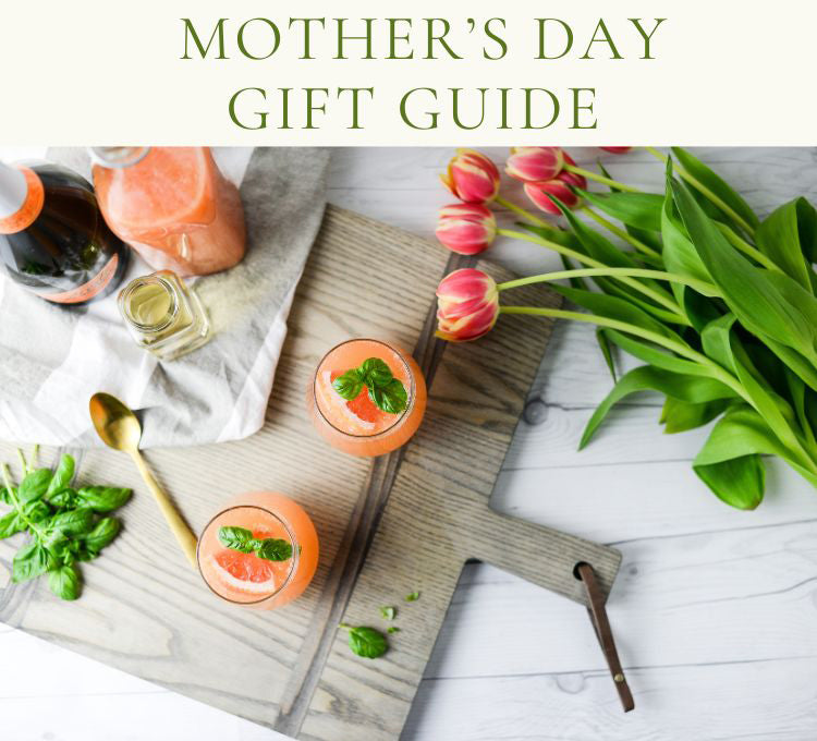 JK Adams Mother's Day Gift Guide 1761 Driftwood Square Charcuterie Board with grapefruit mimosas and tulips
