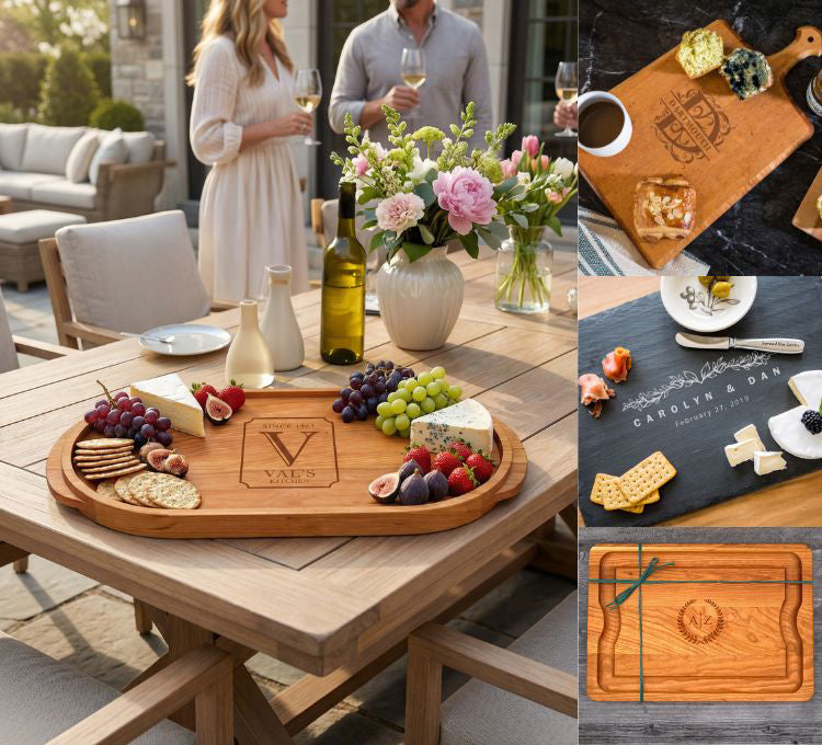 Outdoor dining setup with a wooden cutting board and food, surrounded by people and outdoor furniture. All boards personalized.