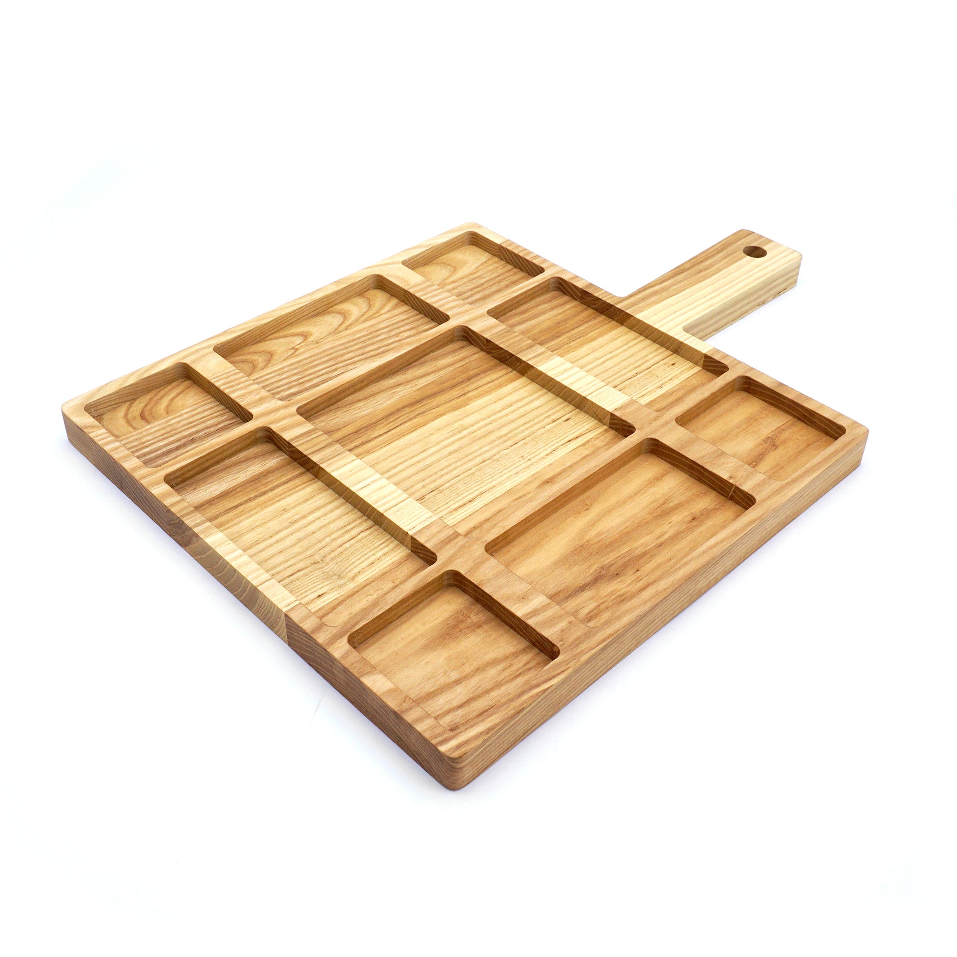 JK Adams Ash Divided Serving Board flat and on an angle.