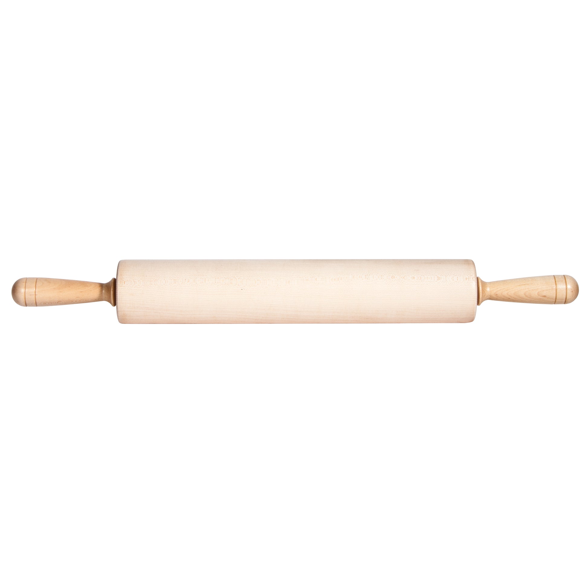 A wooden rolling pin with cylindrical body and handles on each end, placed on a white background.