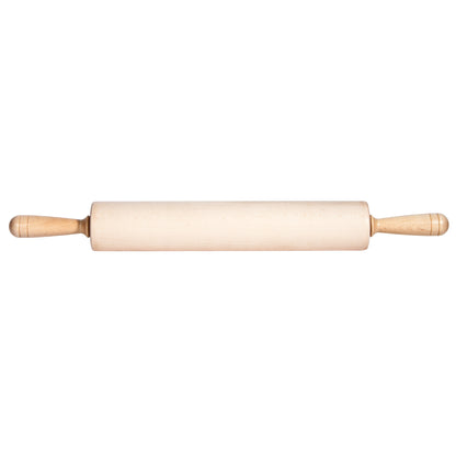 A wooden rolling pin with cylindrical body and handles on each end, placed on a white background.