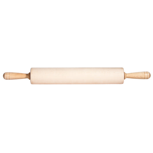 A wooden rolling pin with cylindrical body and handles on each end, placed on a white background.