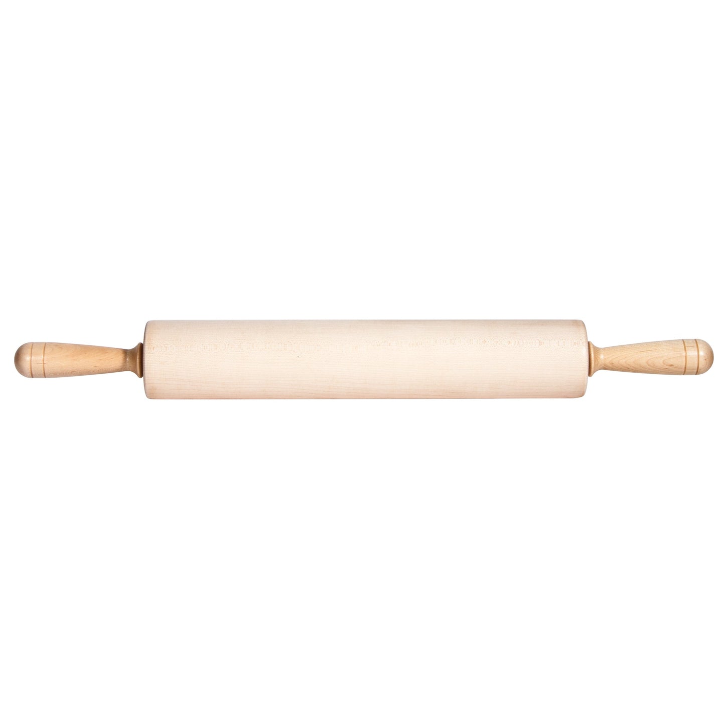A wooden rolling pin with cylindrical body and handles on each end, placed on a white background.