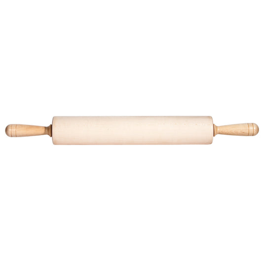 A wooden rolling pin with cylindrical body and handles on each end, placed on a white background.