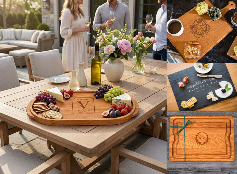 Outdoor dining setup with a wooden cutting board and food, surrounded by people and outdoor furniture. All boards personalized.