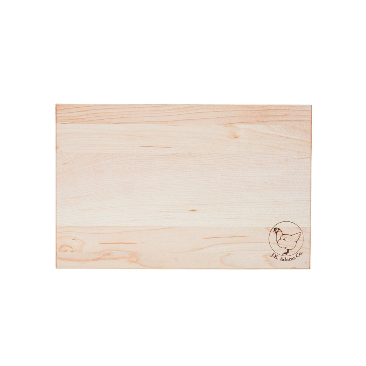 A rectangular light-colored wooden board with natural wood grain and a small circular chicken logo in the bottom right corner, shown on a plain white background.