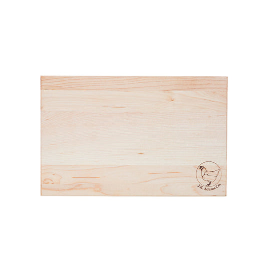 A rectangular light-colored wooden board with natural wood grain and a small circular chicken logo in the bottom right corner, shown on a plain white background.