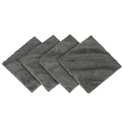Set of four dark gray stone coasters on a white background