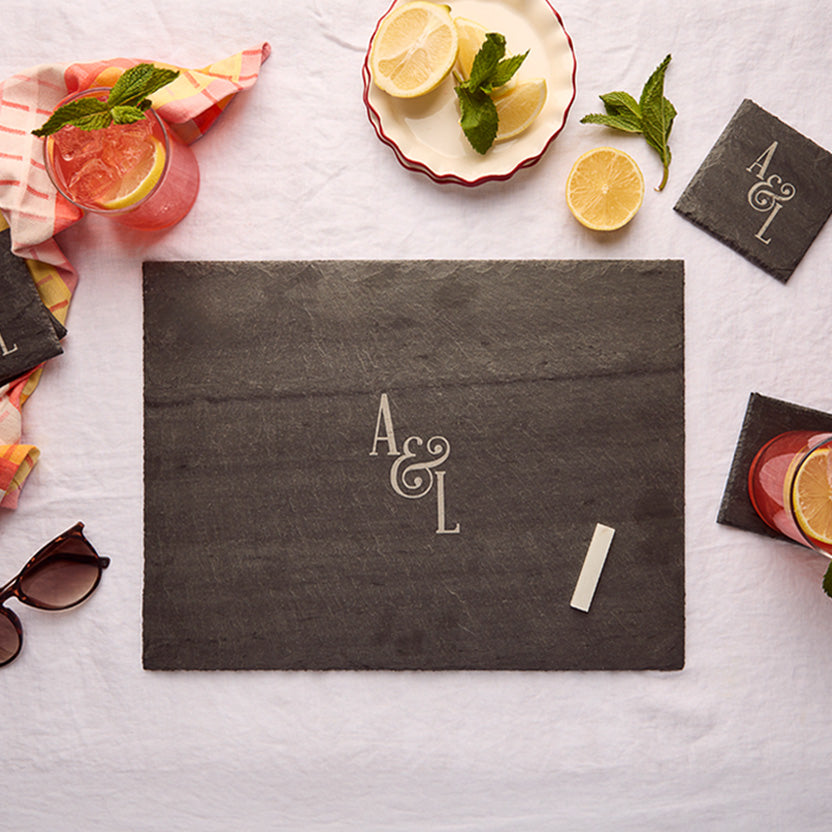 JK Adams Personalized slate rectangle server with a personalized coaster.
