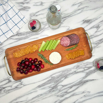 JK Adams Cherry Serving Tray with Brass Handles lifestyle with cherries, cheese, charcuterie and crackers
