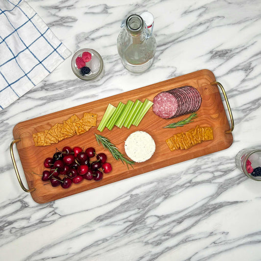 JK Adams Cherry Serving Tray with Brass Handles lifestyle with cherries, cheese, charcuterie and crackers
