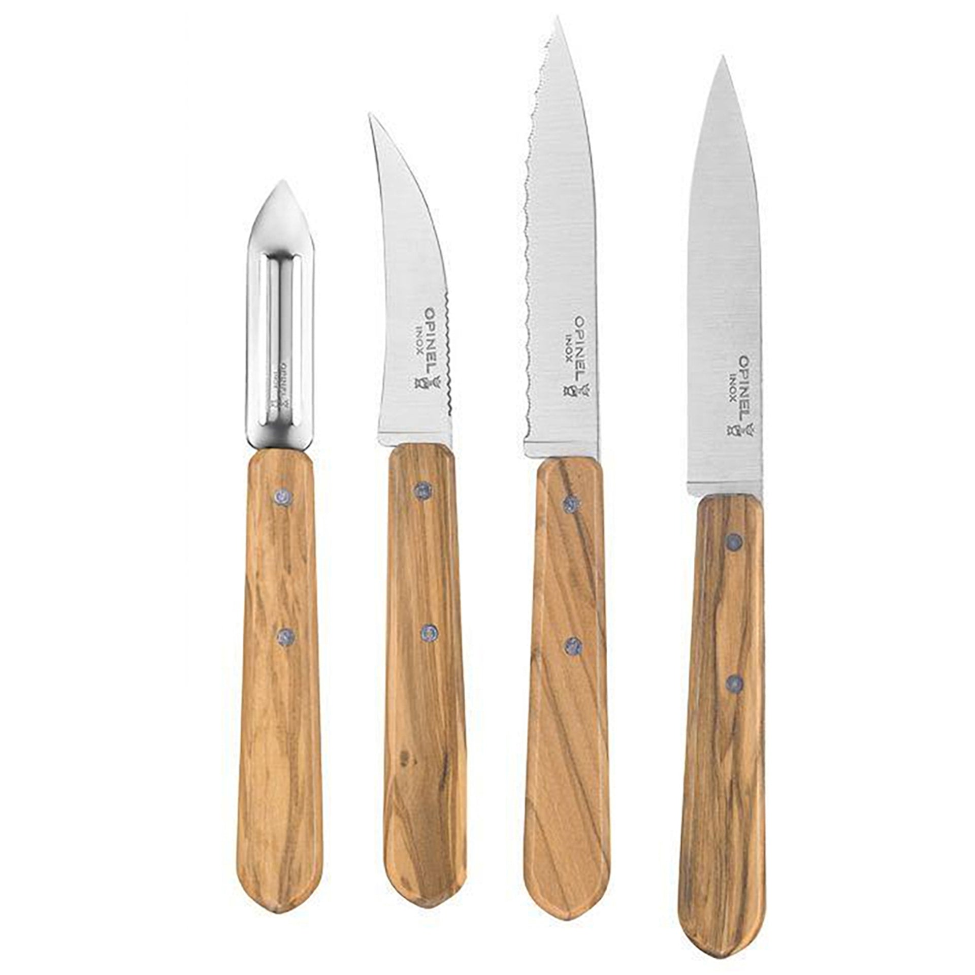 Opinel 4-Piece Essentials Small Kitchen Knives Set, Olive Wood Handles