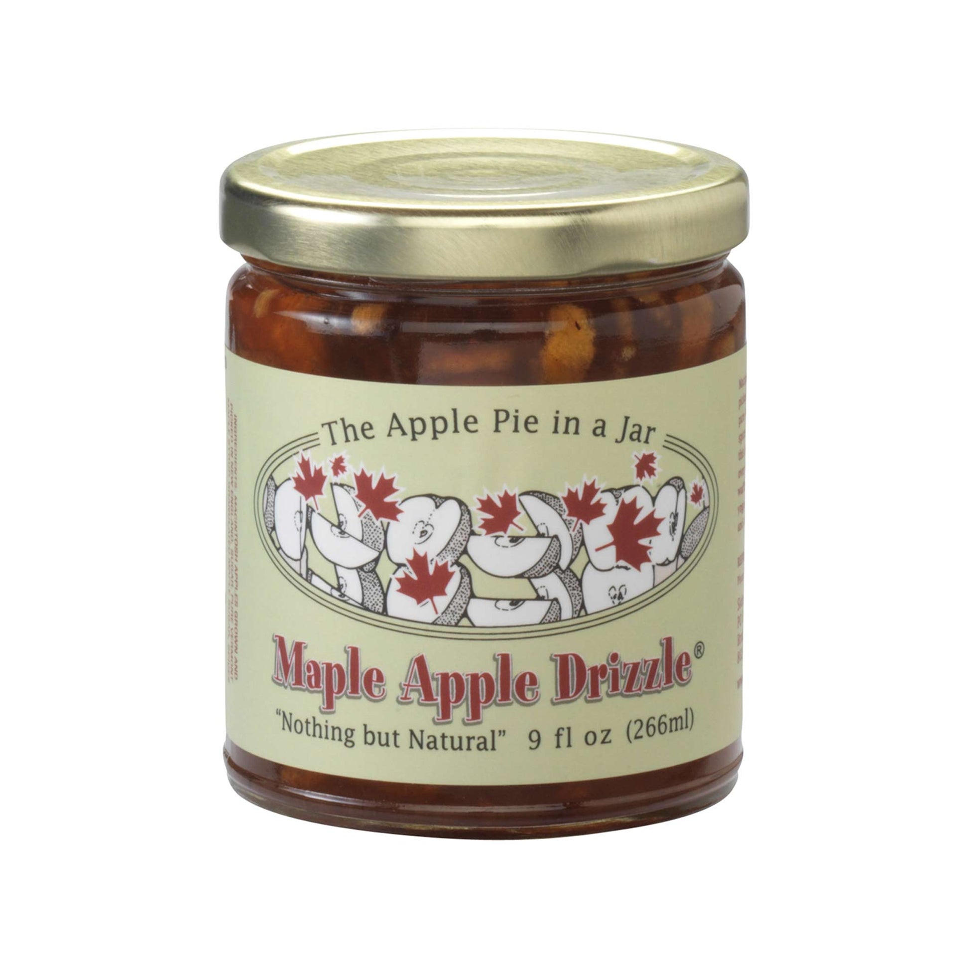 Jar of Maple Apple Drizzle with a decorative label on a white background