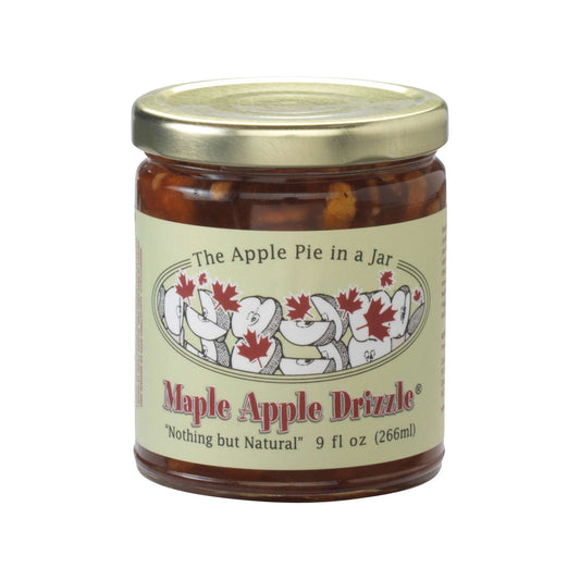 Jar of Maple Apple Drizzle with a decorative label on a white background