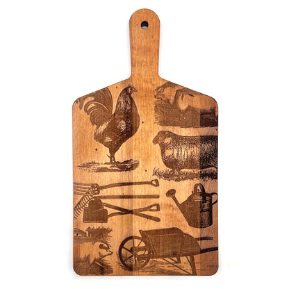 Artisan Maple Rectangle Handled Serving Board - Vintage Farm Collage