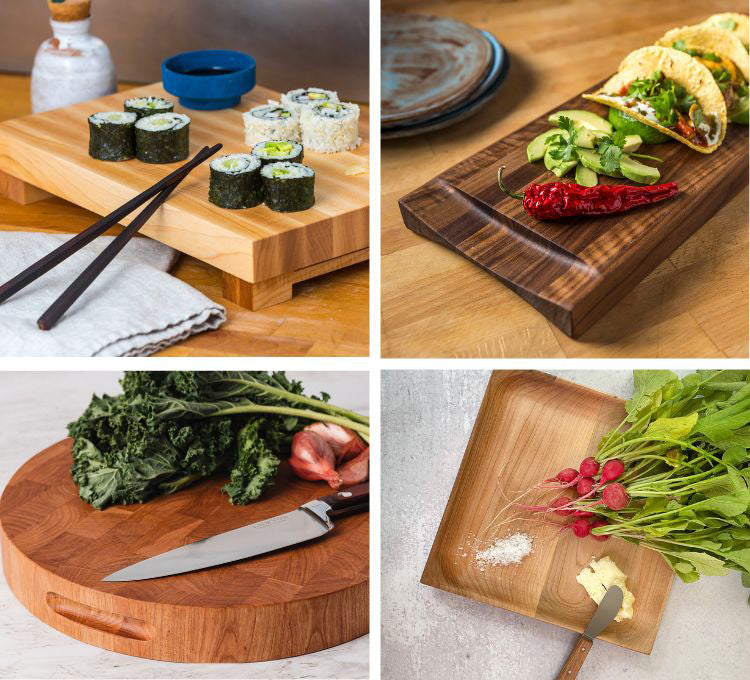  A grid of 4 pictures. 1-A maple chopping block with feet and sushi on top. 2.  Walnut rectangle board with tacos . 3. Cherry end grain round board with a knife and kale. 4. A maple square plate with radishes, butter and salt.
